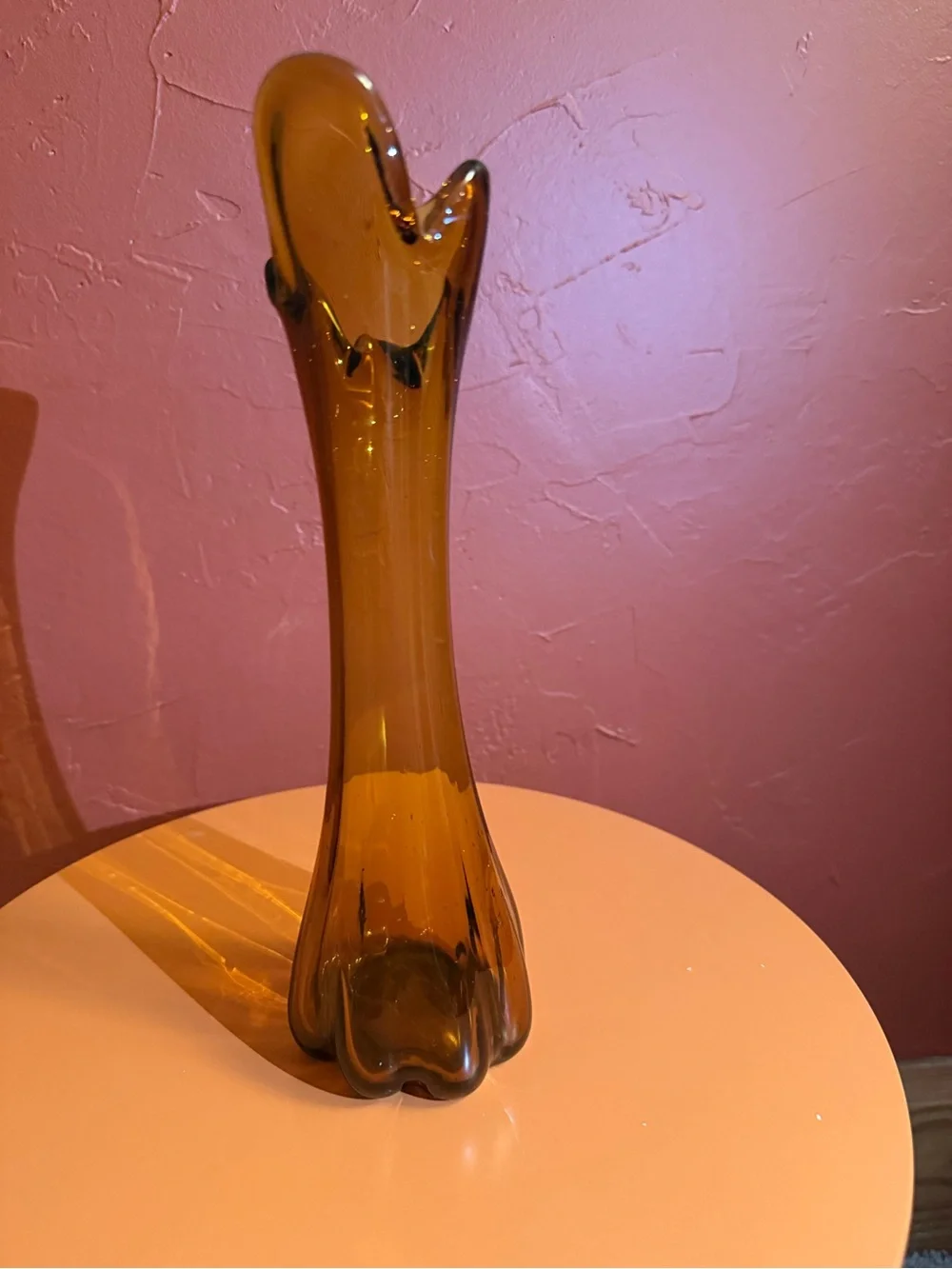 Vintage Mid-Century Petal Amber Swung Stretch Glass Vase 10.5